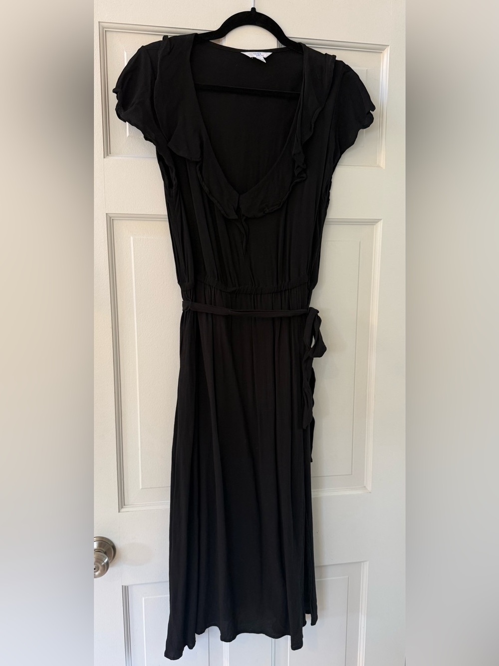 Time and Tru Black Ruffle V Neck Tie Waist Midi Dress L 12-14